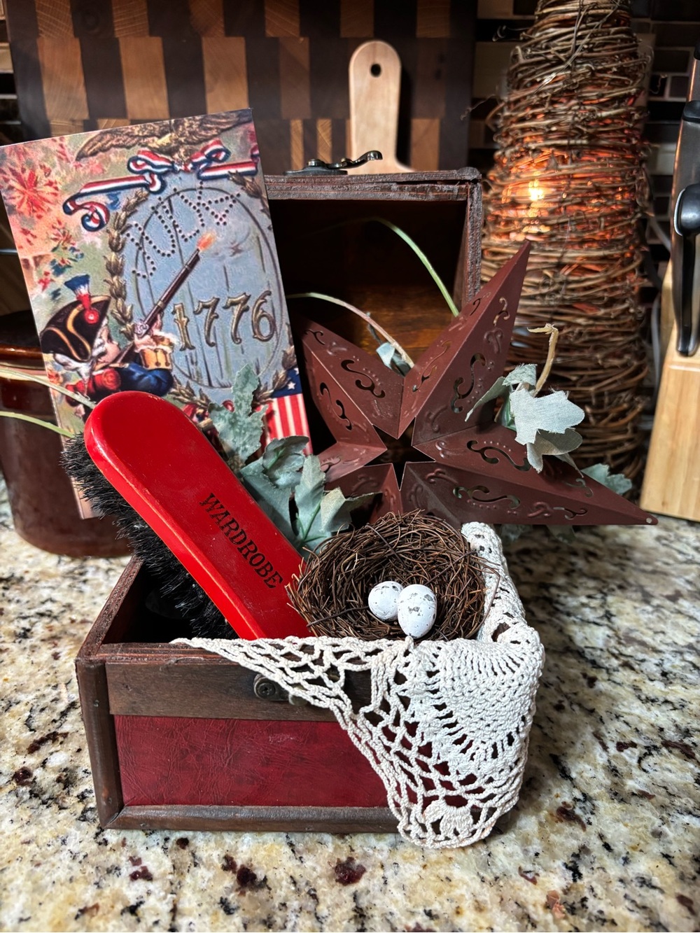 Vintage Red Wooden Box w/ Patriotic Decor/Accents Vignette -Tabletop Decor